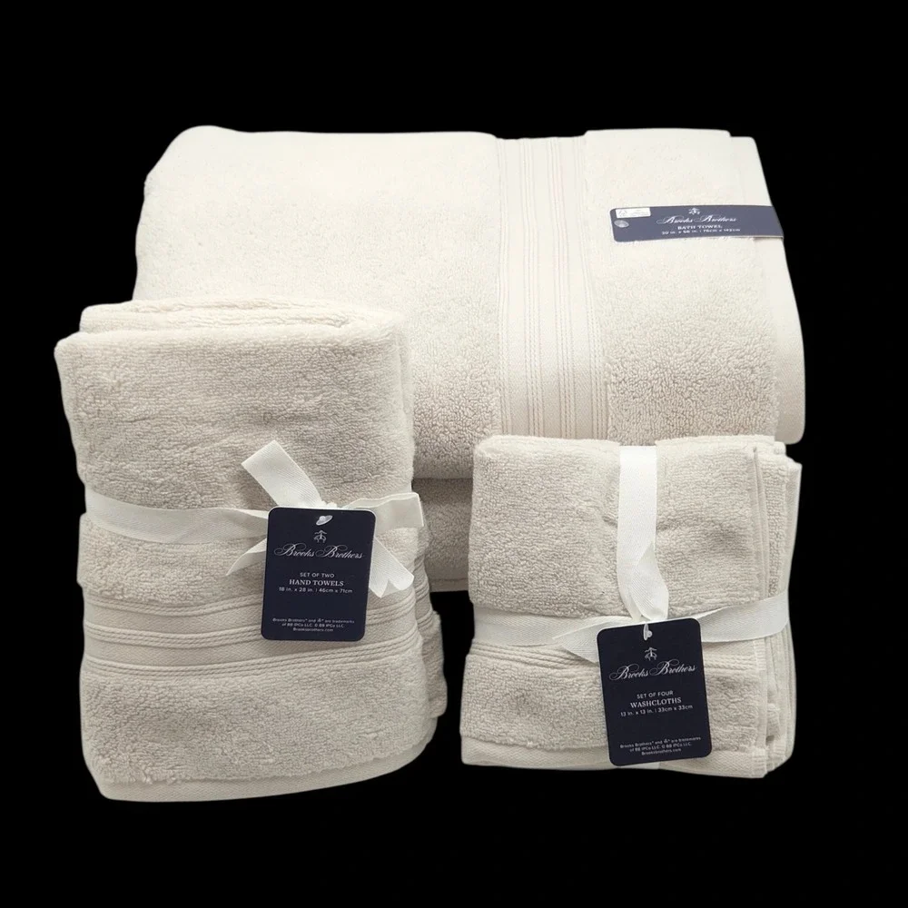 Brooks Brothers 8pc Sand Greige Cotton‎ Towel Set 2 Bath 2 Hand 4 Washcloths